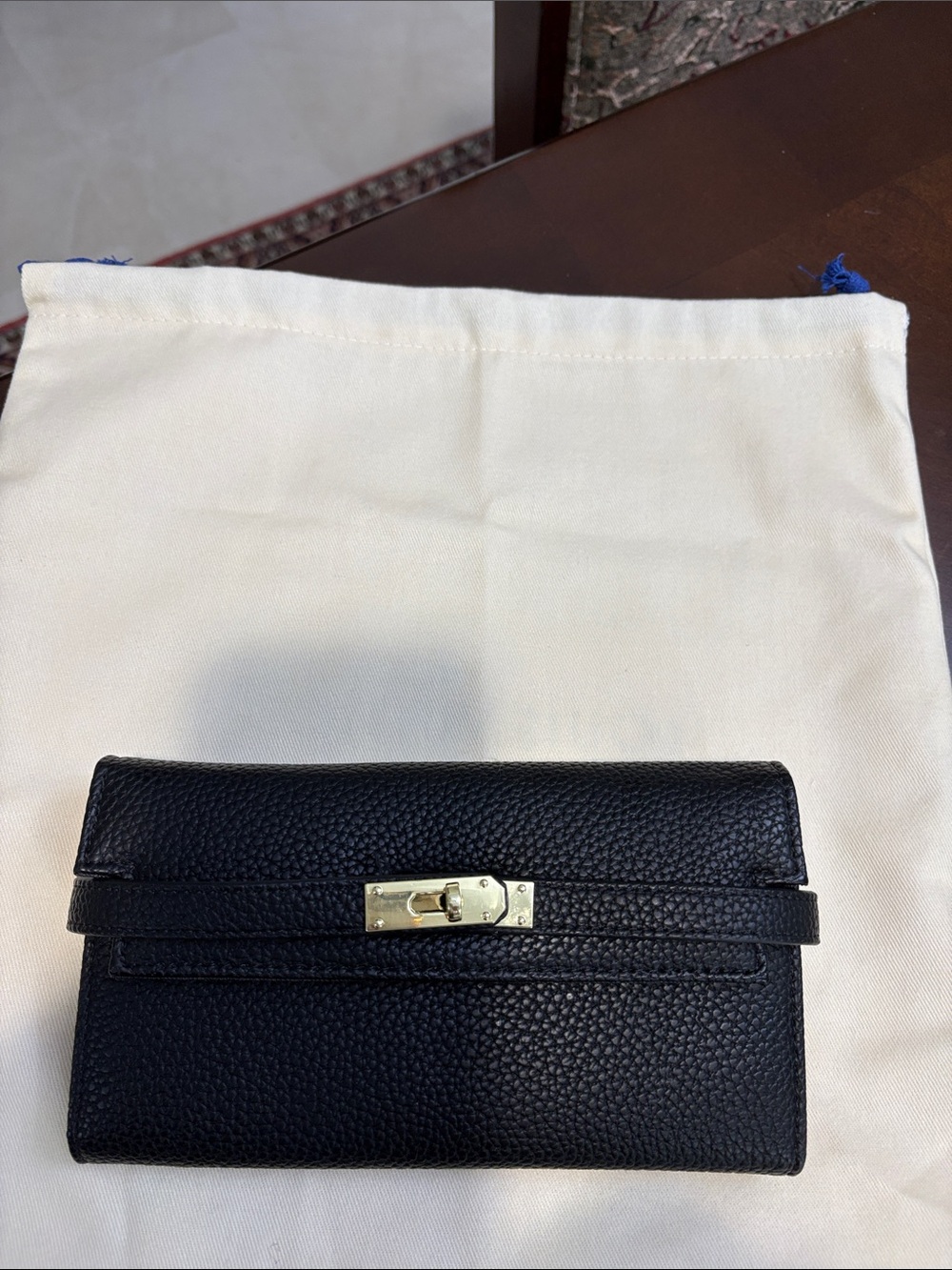 Black Pebbled Leather Convertible Wallet Clutch with Gold Hardware